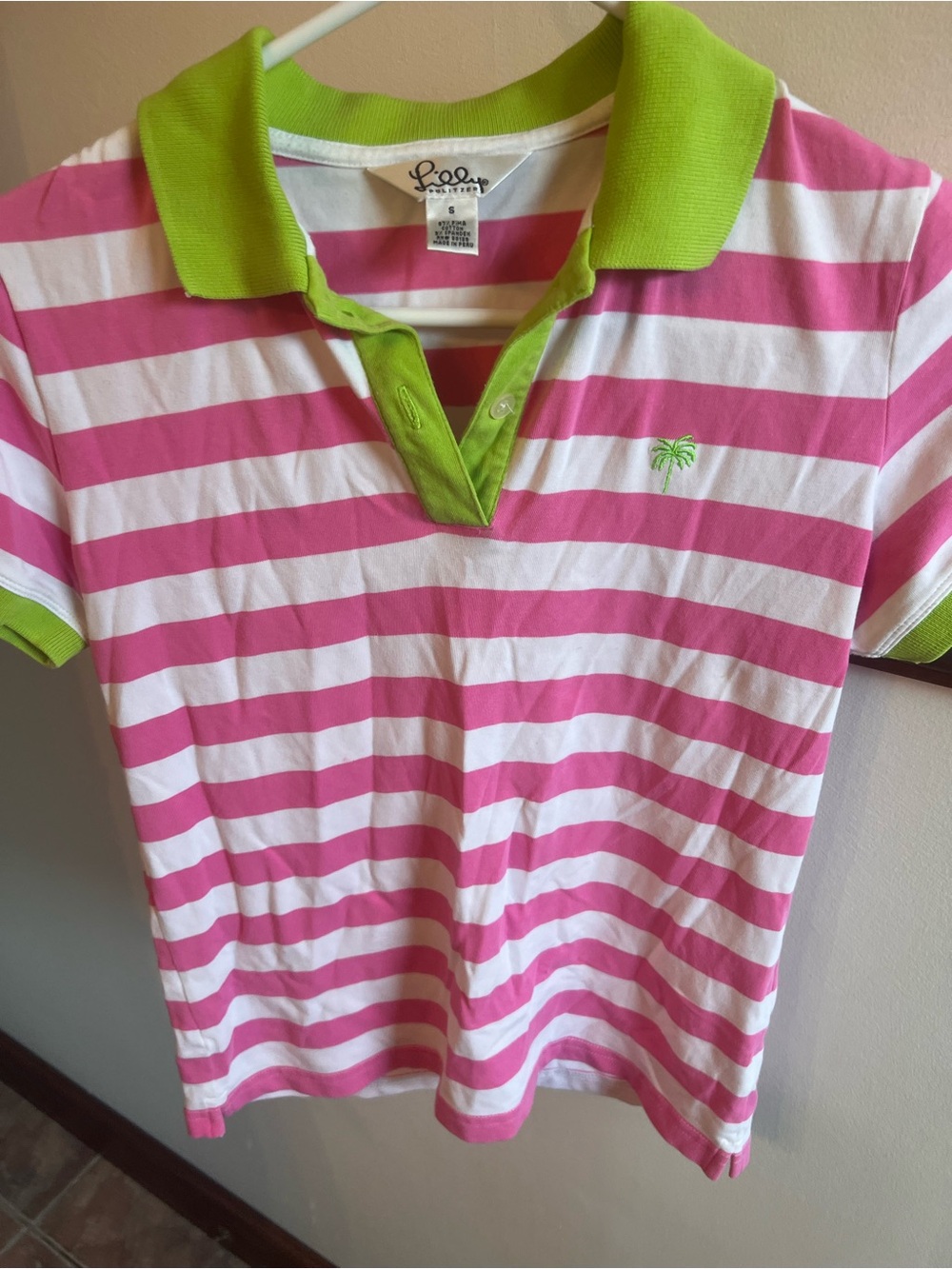 Lilly Pulitzer Pink & White Striped Polo with Lime Green Trim
